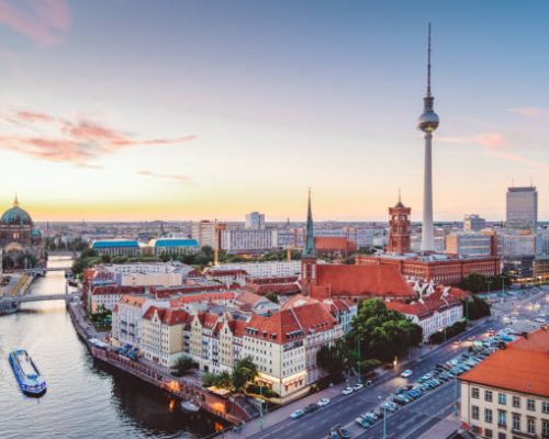 Skyline of Berlin (Germany) with TV Tower at dusk